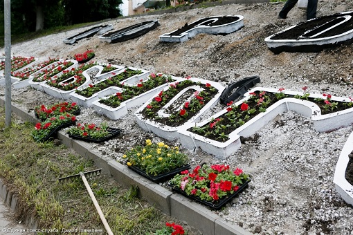 Курган кинотеатр клумба. Надписи из цветов на клумбах. Городская клумба на склоне. Надпись цветами на клумбе. Клумба надпись.